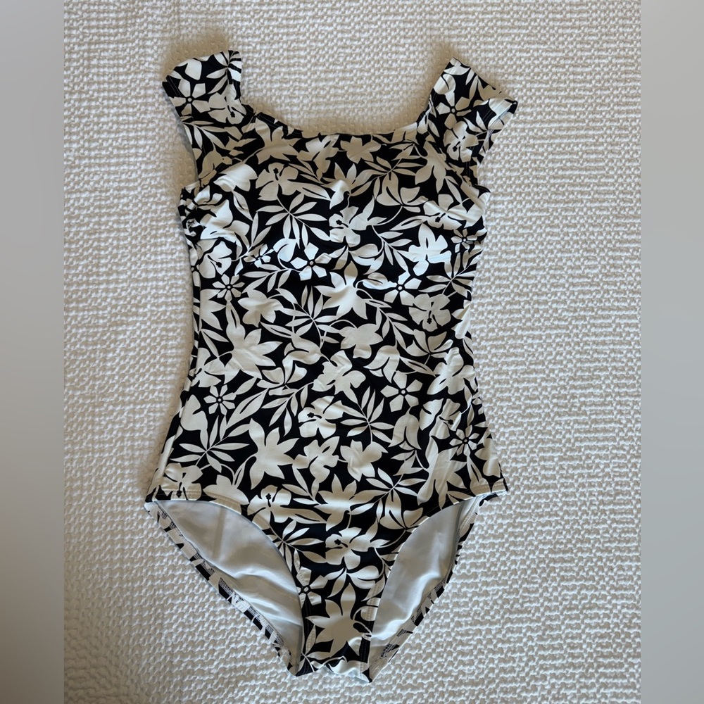 Lands' End Black and White Floral One-Piece Swimsuit